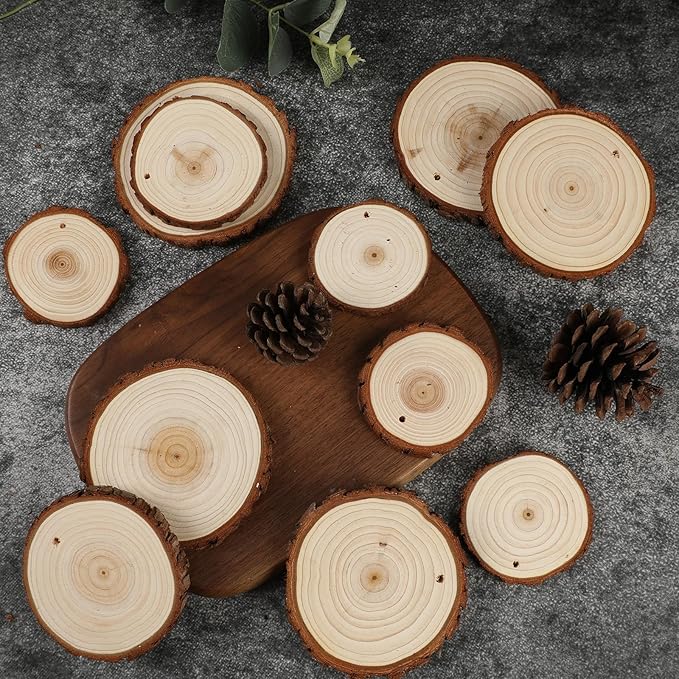 SENMUT Wood Slices 30 Pcs 3.5-4.0 inch Natural Rounds Unfinished Wooden Circles Christmas Wood Ornaments for Crafts Wood Kit Predrilled with Hole Wood Coasters, Craft Supplies for DIY and Painting
