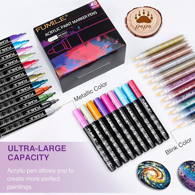 FUMILE 120 Color Acrylic Paint Marker, Include Metallic Color(28PCS),Blink Color(12 PCS),Classic Color(80PCS). Paint Markers Acrylic Marker Ideal for Rock, Wood, Metal, Plastic, Glass, Easter Egg.