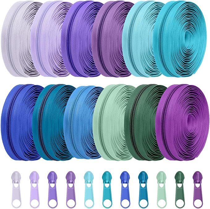 Syhood 36 Yards 12 Pieces #5 Sewing Zippers Tapes Assorted Nylon Lightweight with 120 Plastic Zipper Sliders for Women Men Sewing Supplies(Multi Color)