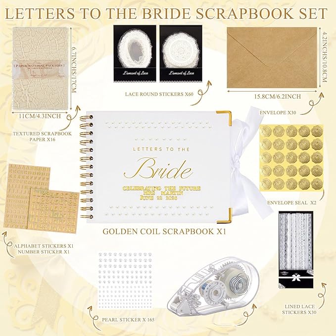 8.5 x 7 Inch Wedding Guest Book Letters to The Bride Scrapbook Wedding Memory Book Bridal DIY Blank Paper Scrapbook Photo Album Guest Sign with Pearl Stickers, Metallic Letters, Bows