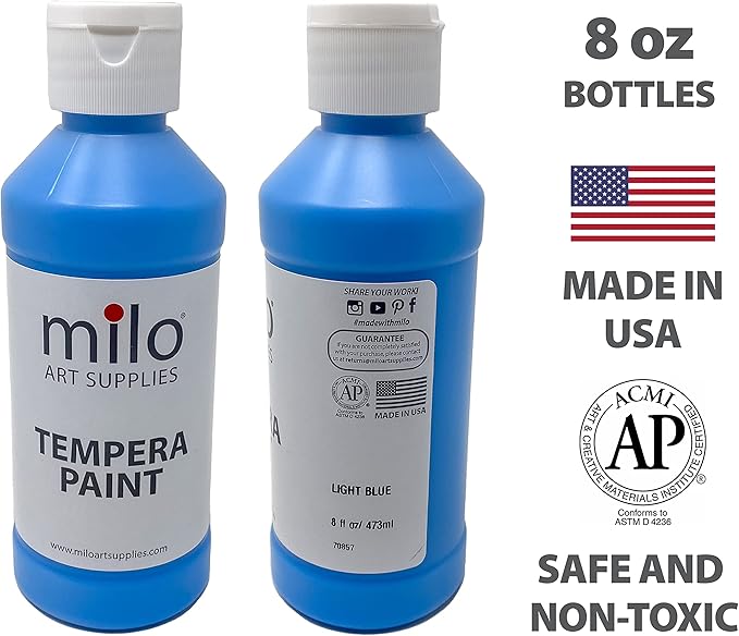milo Washable Paint | 12 Colors 8 oz Bottles | Made in the USA | Safe and Non-Toxic Tempera Paint for Arts & Crafts, Poster, Window, Classroom, School