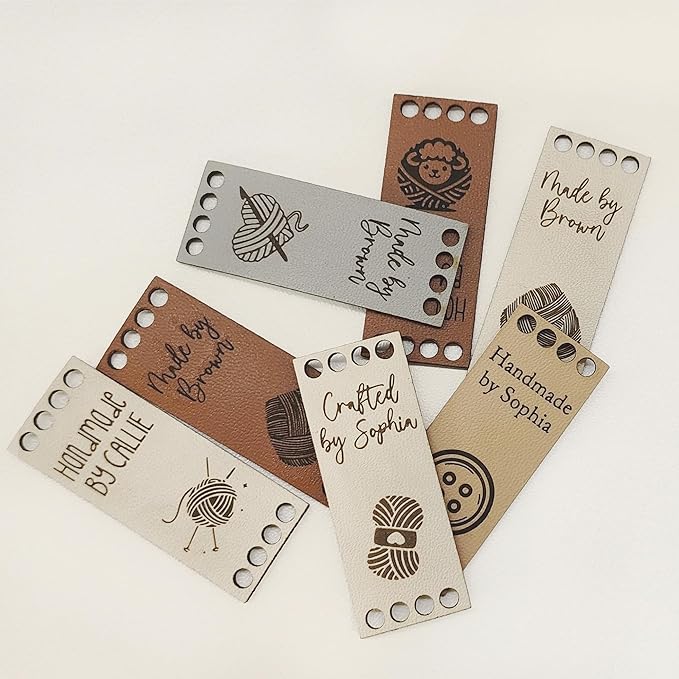 callie Personalized 10-100Pcs Handmade Leather Tags - Custom Text & 15 Pattern, Made with Love Labels for Crochet Items, Gifts for Knitting Sewing Crafting Lovers
