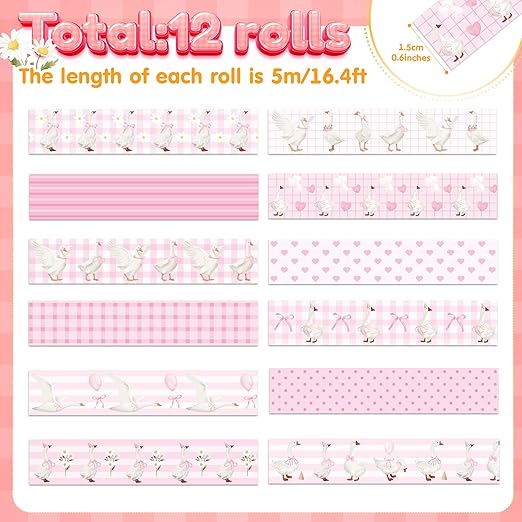 Laffact Pink Goose Washi Tapes - 12Rolls Pink Watercolor Coquette Bow Silly Goose Plaid Decoration Tape Set, Wrapping Paper Tape for Scrapbook Journal DIY Art Craft for Baby Shower Party Birthday Gift