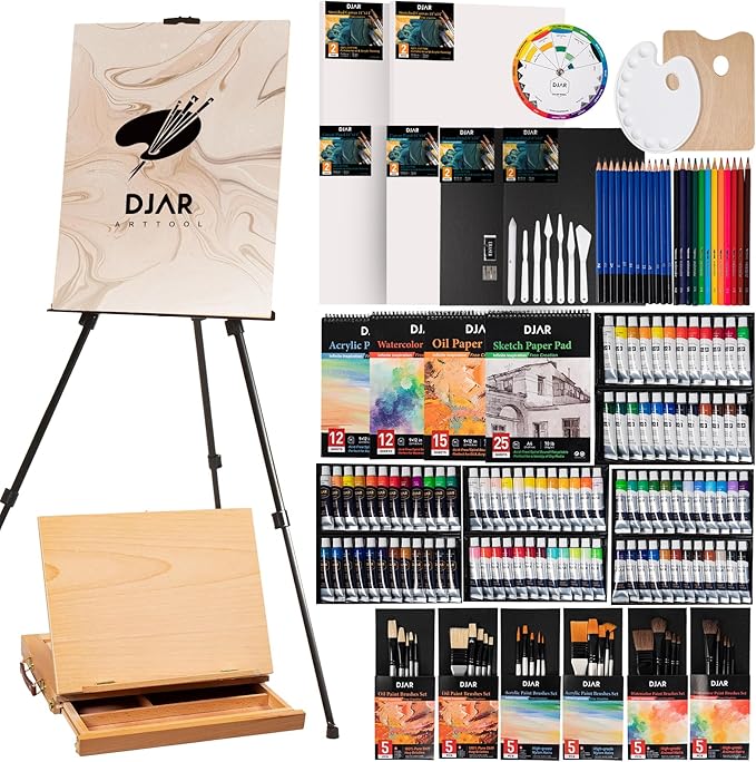 DJAR 174pcs All-in-One Art Painting Set with Tabletop Easel & Tripod, Acrylic, Watercolor, Oil & Sketch Kit, 96 Acrylic, Watercolor & Oil Paint Set for Beginners, Professionals, Artists