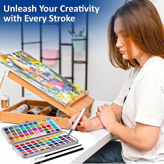 Professional Watercolor Paint Set – 100 Colors Including Metallic, Neon & Candy Shades, Complete Travel Art Kit with Premium Brushes, Palette, Velvet Bag & Accessories