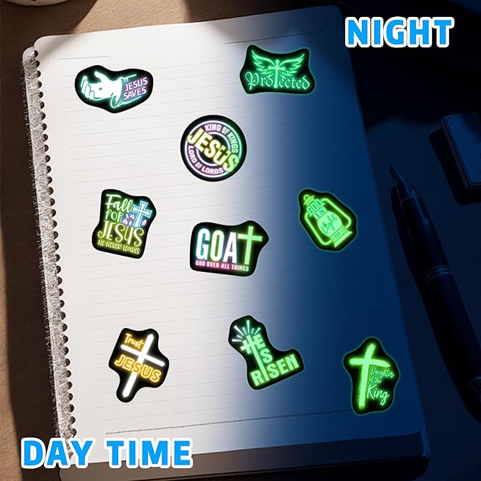 70 Pcs Glow in The Dark Neon Christian Bible Kids Stickers, Jesus Christ Faith Vinyl Waterproof Water Bottle Decals, Teens Adults Religious Christianity Christmas Thanksgiving Decor