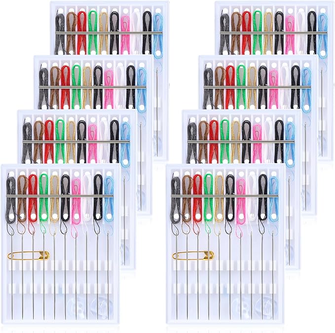 MTLEE 8 Boxes 80 Pieces Mini Quick Fix Sewing Kit Easy Pre Threaded Needle Basic Personal Kit Plastic Threaded Needle Holder Small Home Travel Sewing Box with Pin Button, Assorted Colors