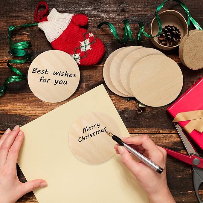30 Pieces 4" Inch Unfinished Round Wood Discs for Crafts Wooden Cutout Tiles Wood Circles Round Slices Painting and Christmas Decorations,Home Decoration,DIY Craft Coasters for Painting Writing