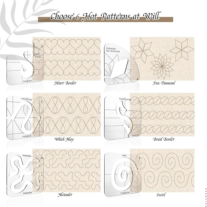 6 Pcs Free Motion Quilting Template Series with 1 Quilting Frame 1 Ruler Foot 15 Non-Slip Mats 1 Instruction, 3mm Acrylic Templates for DIY Quilting Tool on Sewing Machine Ruler
