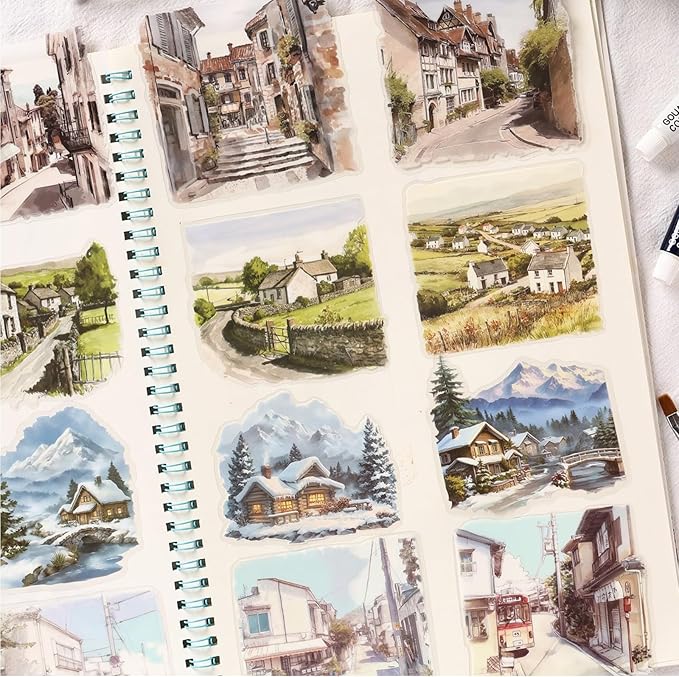 40 PCS Vintage Street Pastoral Christmas Snow House Scenery PET Stickers, 4 Pack Aesthetic Decorative Large Size Stickers for Scrapbooking, Journaling, Waterproof DIY Crafts and Junk Journal