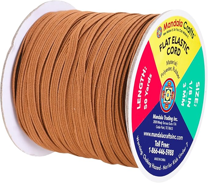 Mandala Crafts 3mm 50 Yds Roll of Russet Brown Elastic Bands for Sewing - 1/8 Flat Elastics Cord - 1 8 Inch Braided Stretch Straps for Crafting