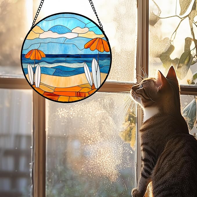 Stained Glass Window Hanging 4 Pcs Set Blue Ocean Surfing Beach 9.8" - Suncatcher Door Garden Sun Catcher Decor Birthday Mother's Day for Firefighte Men Woman Nana Mom