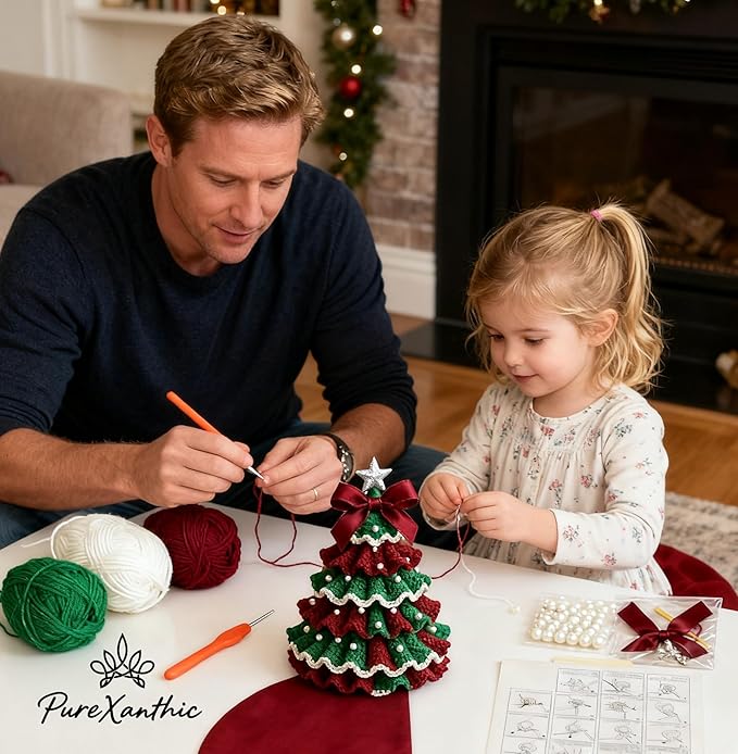 DIY Crochet Christmas Tree Kit – Handmade Holiday Decoration Set,Parent-child activities craft kit,Tree Bow Pearl Embellishment,Cross-stitch by hand,Festive decorations (Multicolour) (Multicolour)
