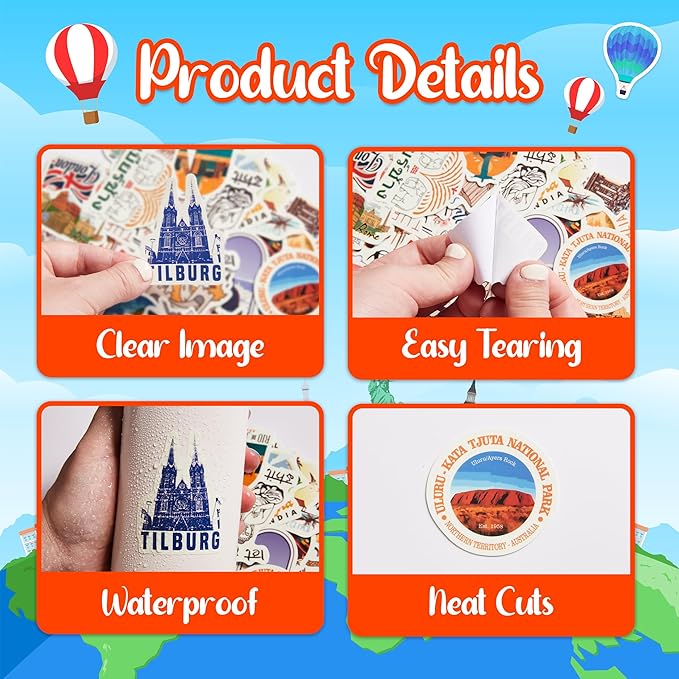 World Featured Architecture Sticker Pack, 100 Pcs Waterproof Vinyl Map Water Bottle Phone Case Laptop Decals, Travel Stickers for Girls Kids Teens Adults, Vintage Aesthetic