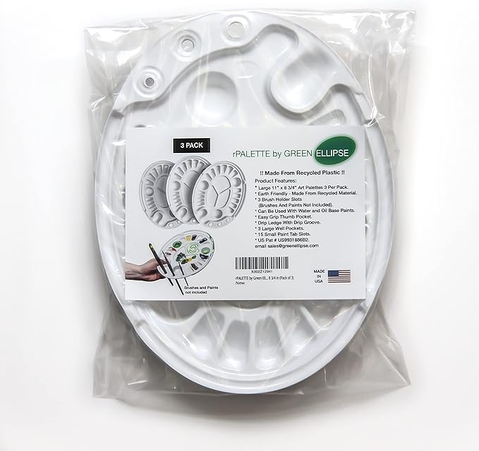 rPALETTE by Green Ellipse- 3 Pack - Environmentally Sustainable Made from Recycled Plastic - Paint Palette - Art Palette with Brush Holder Feature - Large Size 11 X 8 3/4 in,White,rPALETTE-1