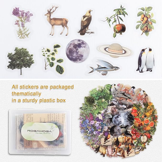 Nature Themed Transparent Pre-Cut Stickers for Scrapbooking, Pack of 240, Flora and Fauna Vintage Aesthetic Decorative Decals for Journaling Photo Album Collage Card Making Crafts