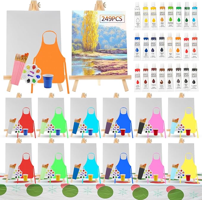 249 Pcs Art Painting Kit Supplies Set for Party - 140 Paint Brushes, 24 Acrylic Paints, 14 Wood Easels & Canvas Panels & Palettes & Aprons & Wash Pen Cup, 1 Plastic Tablecloth