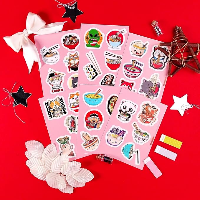 BulbaCraft Ramen Stickers for Water Bottle and Laptop - Foodie Party Supplies & Decorations, Waterproof Vinyl Noodle Decals, Cute Ramen Stickers Laptop Decals, Gifts for Women & Men