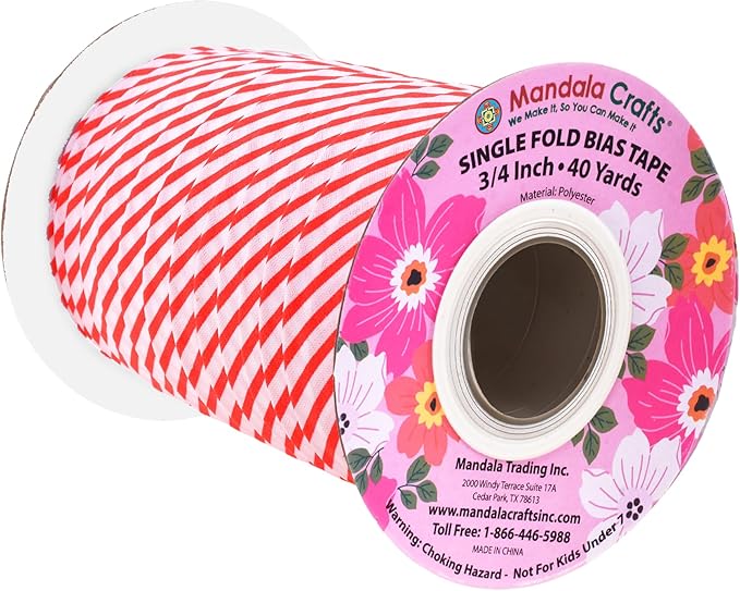 Mandala Crafts 3/4 Inch Single Fold Bias Tape for Sewing, Quilting, Piping, Hemming, Blanket & Quilt Binding – 40 Yards Candy Cane Fabric Seam Binding Tape