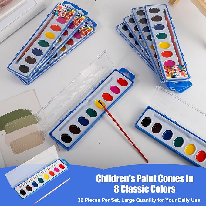 36 Pack Watercolor Paint Set Bulk,8 Colors Washable Paint Set for Kids and Adults,Water Color Paints with Brushes for Party Favors, Gifts, Art Activitie