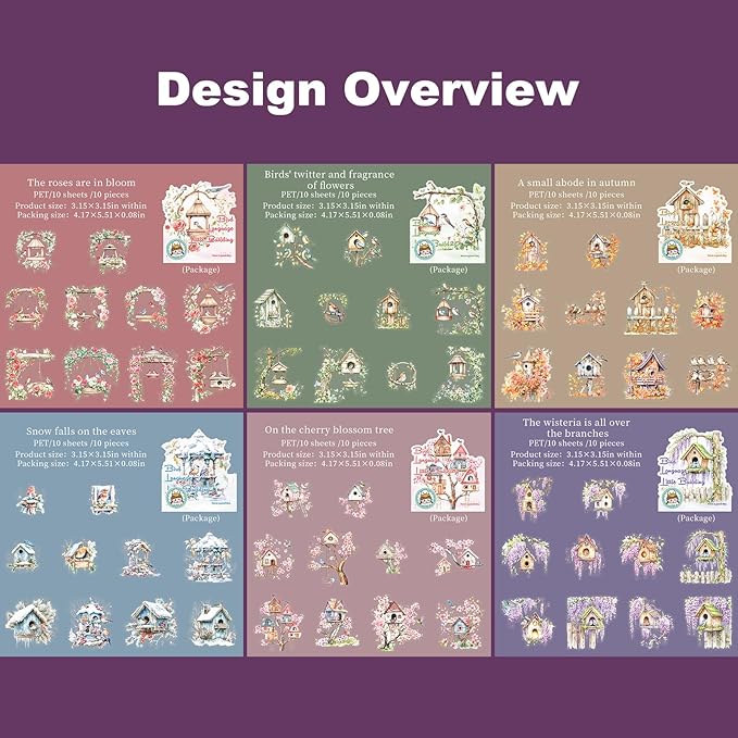 60PCS Birdhouse PET Stickers, Nature Bird Nest Scrapbook Stickers for Journaling, DIY Crafts and Planner Decoration, Transparent Waterproof Junk Journal Supplies