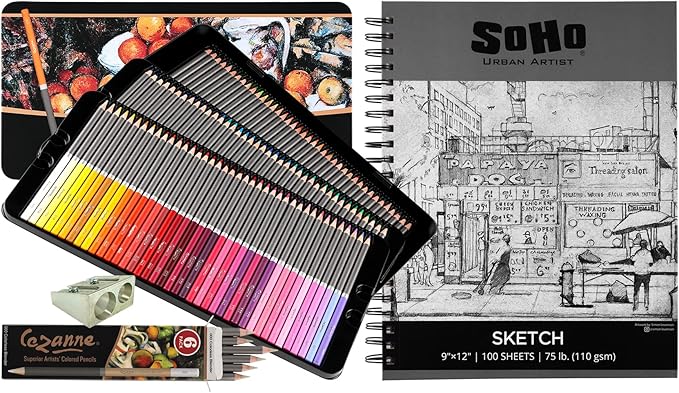 Cezanne Premium Colored Pencil Set - Soft Wax Core Colored Pencils for Drawing, Blending, Coloring, Professional Artists & More! - 120 Count Bundle w/Sharpener, Colorless Blenders, & Spiral Pad