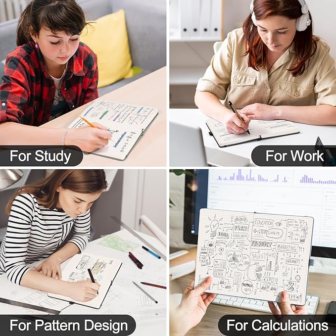 EMSHOI Graph Paper Notebook - 320 Pages, A5 Hardcover Leather, 100gsm Thick Paper, Square Grid Notebook for Women Men Work School Math Writing, Graphing, Engineering, 5.75 x 8.38, Green