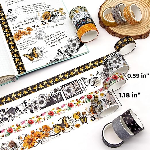 Vintage Bee & Floral Decorative Washi Tape Set - 14 Rolls Retro Honeycomb, Blossom Design craft tape Pack for Journaling, Scrapbooking,Junk Journal, Bullet Journaling , 2 Sizes Decorative Masking Tape