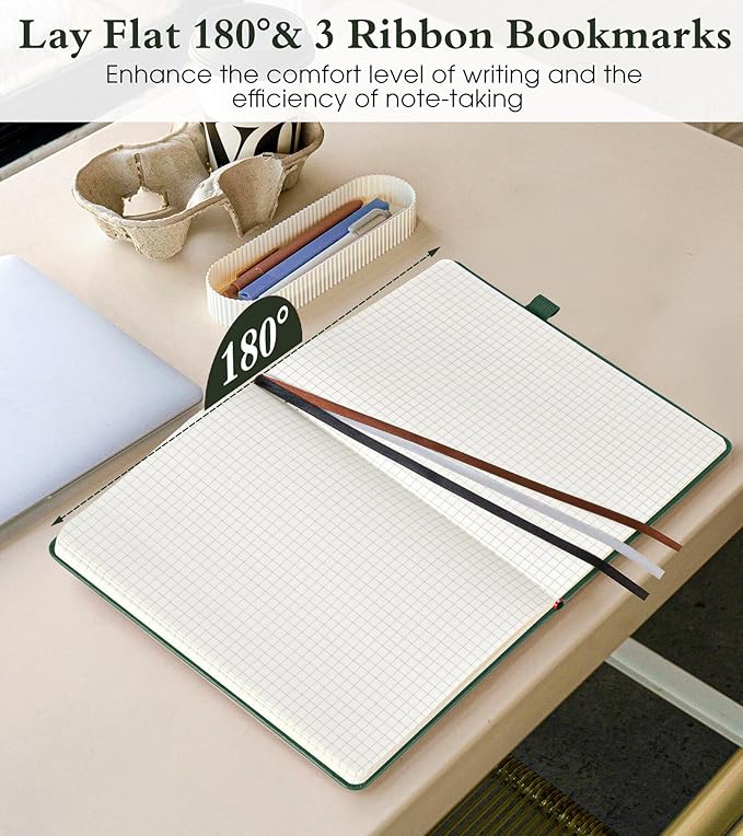 Graph Notebook for Women Men, 160 Pages Grid Paper, Graphing Notebooks for School, Work, Quad Ruled, Inner Pocket, A5 Hardcover Vintage Leather Journals for Writing, 5.8"x8.5" (Green)
