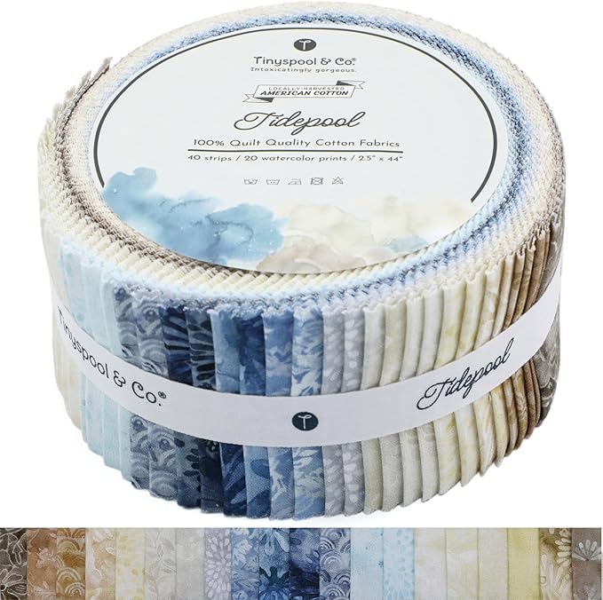 Tinyspool & Co. Quilting Bundle – Tidepool Jelly Roll + 3-Yard Fabric for Each Print: No. 10 – Azure Flora, No. 9 – Blue Mist, No. 6 – Ivory Vine