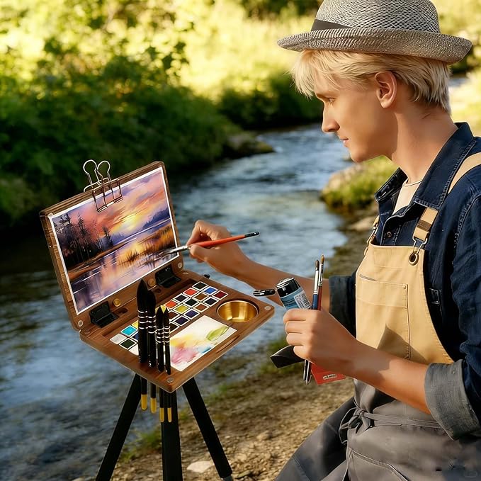 27 Grid Crossbody Portable Watercolor Palette Box, Black Walnut Wooden Travel Mini Paint Box with Adjustable Shoulder Strap, Watercolor Easel, Metal Clips for Painters and Artists