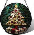 Stained Glass Window Hanging - Golden Christmas Tree Suncatcher for Doors Home Christmas Decoration Winter Sun Catcher Thanksgiving New Year Birthday Gifts for Women Men Mom Nana Girl 7.8 in