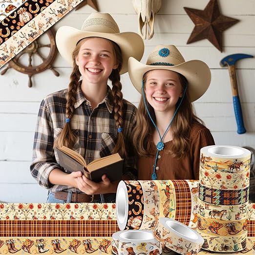 12 Rolls Western Washi Tapes, Wild West Cowboy Masking Tapes, Cowboy and Cowgirl Decorative Adhesive Stickers for Handbook Sticker Scrapbook Journaling Party Supplies DIY Craft Gift Wrapping 16.4FT