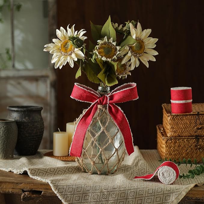 Pretty Jolly Red Denim Ribbon for Crafts Handmade Rustic Frayed Cotton Jean Fabric Ribbon for Flower Bouquet 15 Yards 1 1/2 Inch Cloth Ribbons for Gift Wrapping Hair Sewing Accessories Holiday Decor