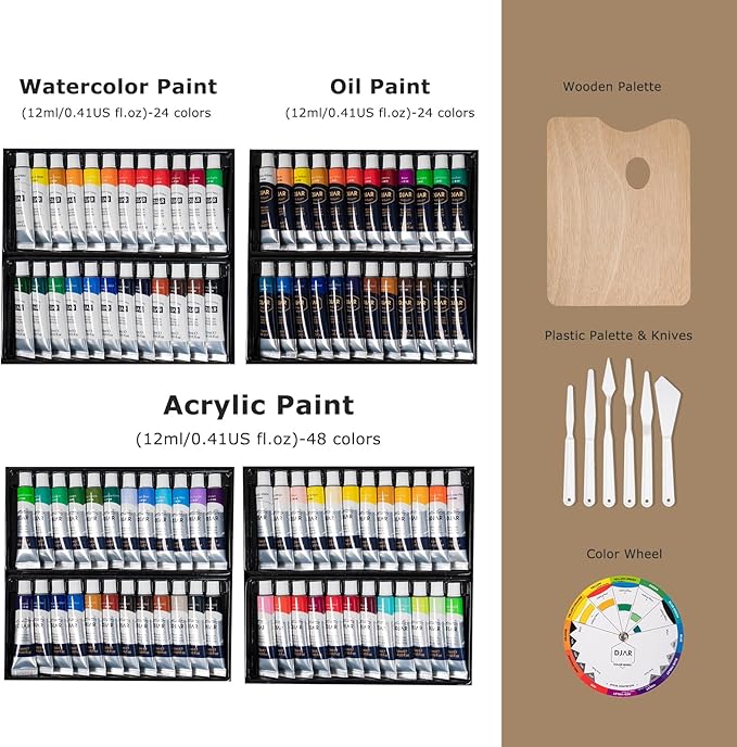 DJAR 174pcs All-in-One Art Painting Set with Tabletop Easel & Tripod, Acrylic, Watercolor, Oil & Sketch Kit, 96 Acrylic, Watercolor & Oil Paint Set for Beginners, Professionals, Artists