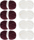 Mabozoo Assorted Chunky Fluffy Yarn for Crocheting & Knitting, Jumbo Chenille & Bulky Plush Yarn, Cream & Wine Red (31.7 yds, 8 oz Each)