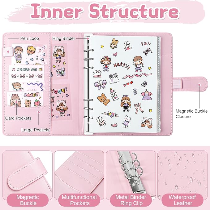 Reusable Sticker Book, A5 PU Leather Sticker Collecting Album with 100 Sides Blank Release Paper and 140 Pockets for Adult Kids Toddlers (Pink)
