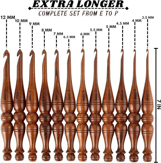 Bhartiya Handicrafts Wooden Crochet Hooks Set of 12 - Ergonomic Rosewood Knitting Needles with Engraved Design, Various Sizes (3.5mm to 12mm)