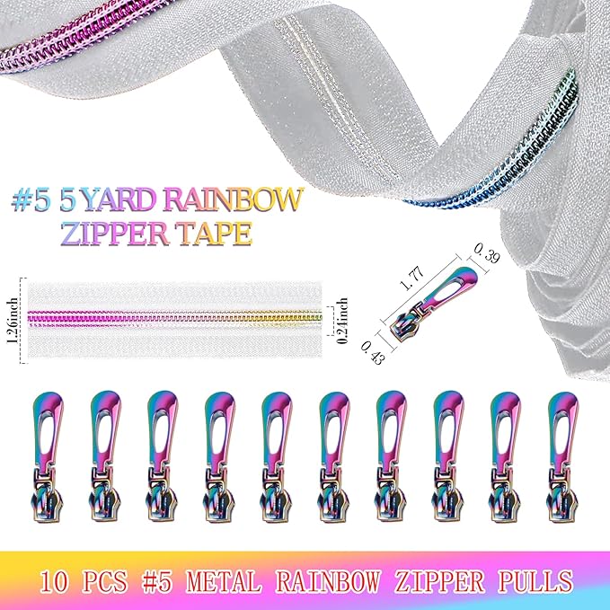 #5 Rainbow Zipper Tape by The Yard 5 Yards Colorful Teeth Nylon Zippers with 10 Pcs Metal Rainbow Zipper Pullsfor DIY Sewing Tailor Crafts (White，Rainbow)