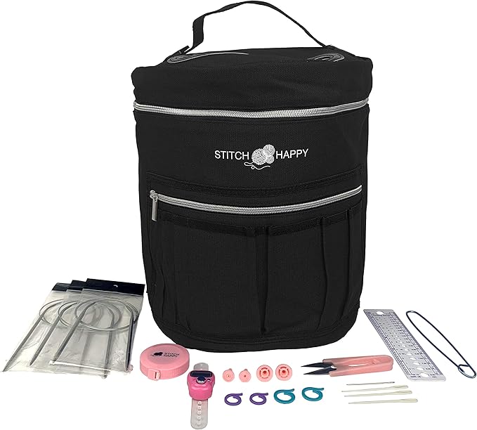 Designer Stitch Happy Knitting Starter Kit: 20 Piece Knitting Kit for Beginners & 7 Pocket Yarn Bag, Signature Yarn Storage - Black