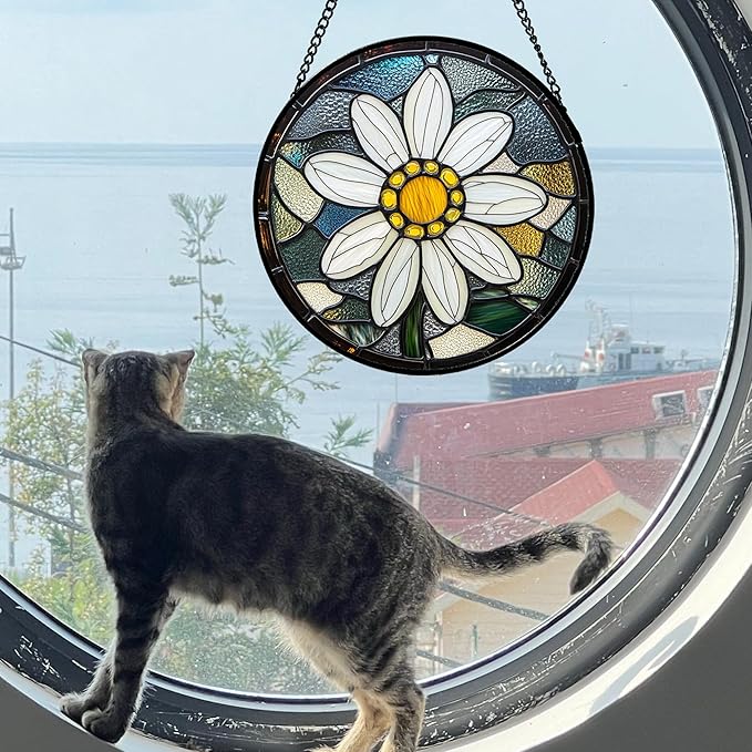 Stained Glass Window Hanging - Yellow White Daisy Birth Flower Suncatcher for Door Garden Yard Sun Catchers Decor Christmas Mother's Day Birthday Gifts for Teacher Women Mom Nana 6.3 in