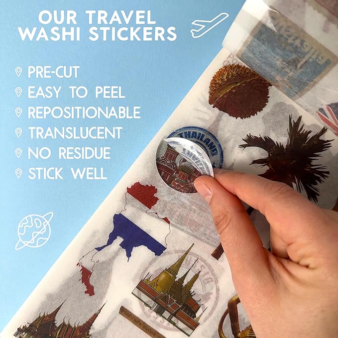 300+ Travel Stickers for Scrapbooking & 20 A5 Papers - Pre-Cut Washi Stickers for Journaling, Vintage Travel Scrapbooking Supplies, Junk Journals Stickers