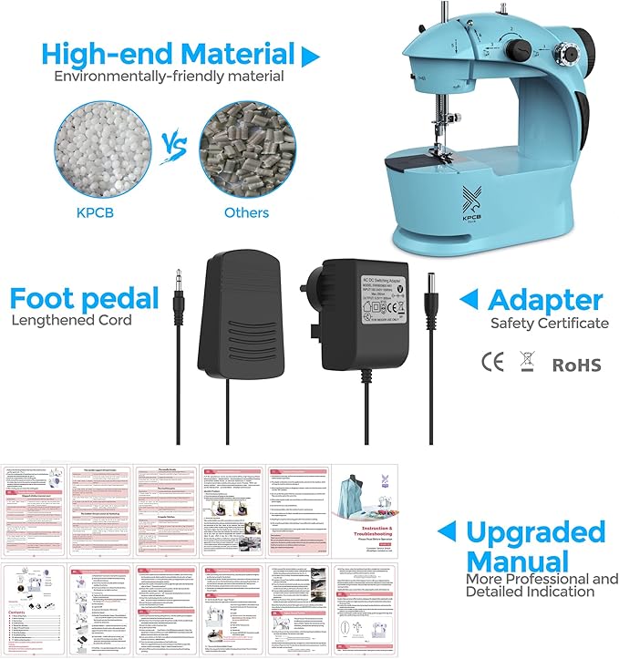 KPCB Tech Sewing Machine for Beginners [Full Set] with Finger Guard and Fabric Bundles - Mini Electric Sewing Machine with Sewing Kits, Foot Pedal, US Adapter and Extension Table
