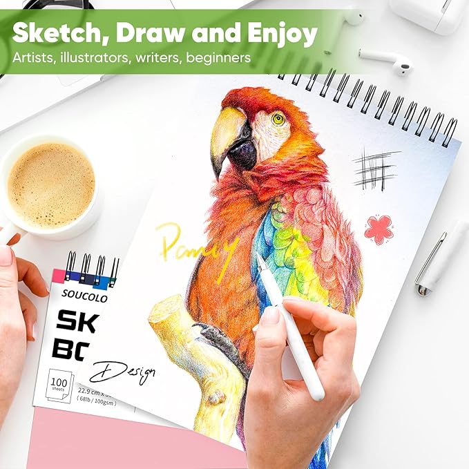 Soucolor Art Supply Set - Sketching & Drawing Kit, Sketchbook Art Paper for Adult Artists, 9" x 12" Sketch Book, 2-Pack 100 Sheets Spiral Bound Sketchbook, Acid Free
