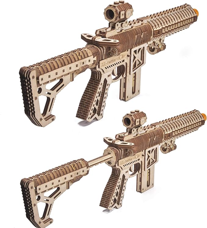 Wood Trick Gun AR-T 3D Wooden Puzzles for Adults - with Telescoping Butt, Fuse, Sight and Clip for 12 Rounds - Detailed Construction - 23x8″ - Model Kit for Adults to Build - 14+