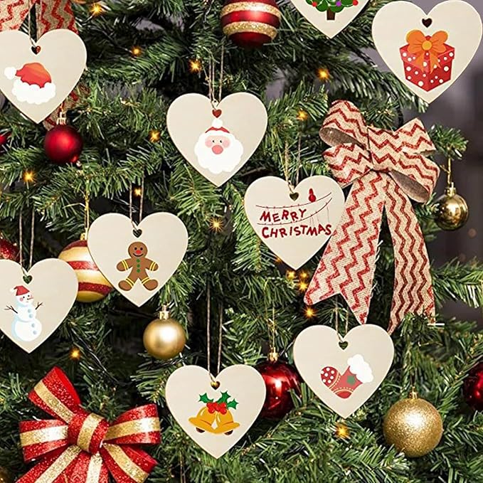 50 Pcs Wooden Ornaments, BetterJonny 3.15 * 2.56in Unfinished Natural Wood Slices with Holes Blank Wood Discs with 50pcs Jute Rope for DIY Christmas Decoration