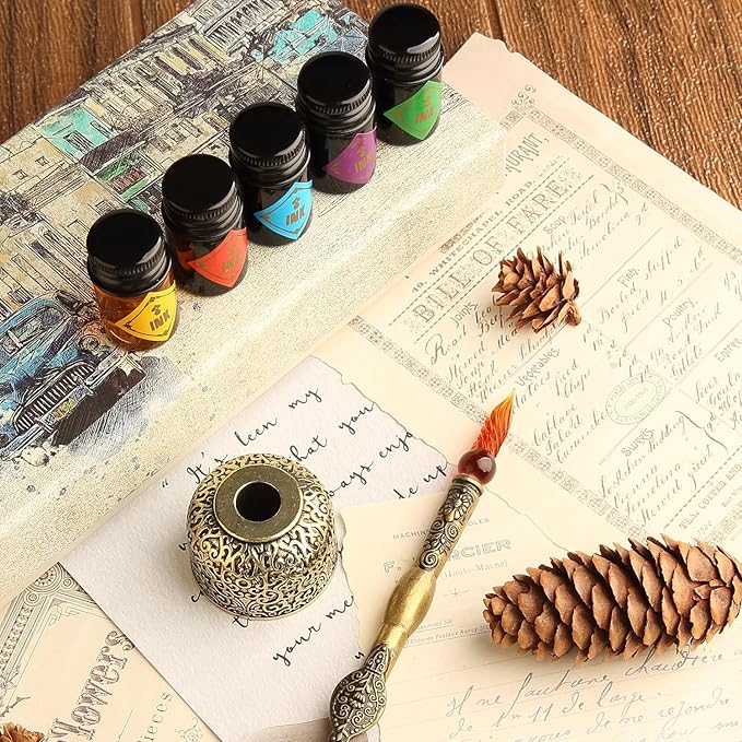 GC QUILL Feather Glass Dip Pen and Ink Set, Glass Calligraphy Pen with 5 Colors Ink and Pen Holder for Writing Drawing– MU-21