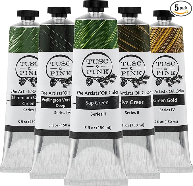 Tusc & Pine Artist Oil Paint - Set of 5, 150 ml, Earth Greens, 750 ml of Non-Yellowing, Creamy Consistency, Maximum Pigment Load, Small Batch Oil Paints Made in the USA for Professional Artists
