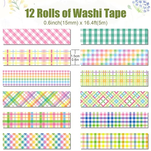 12 Rolls Easter Plaid Washi Tape Set, Colorful Pastel Buffalo Plaid Checkered Masking Decorative Tapes for DIY Craft Scrapbook Journals Easter Gift Wrapping School Supplies Christmas Decor 16.4FT