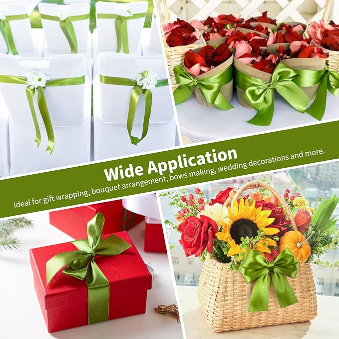 1-1/2 Inch Wide Olive Green Satin Ribbon, 50 Yards Solid Polyester Fabric Ribbon for Roses Making, Gift Wrapping, Wedding Decorations, Crafts, Bows, Flower Bouquets